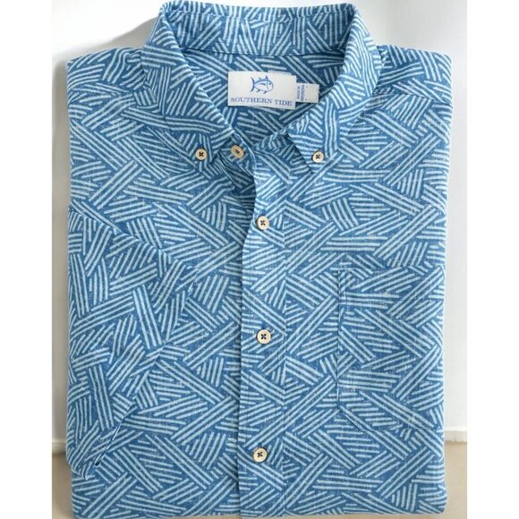 Southern Tide Mens Abstract Scribble Short Sleeve Button Down Linen Shirt 2XL - Picture 4 of 9